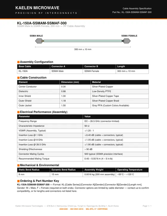 First page of the KL-150A-SSMAM-SSMAF-300 datasheet