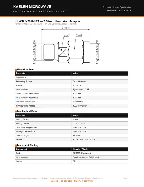 First page of the KL-292F-292M-19 datasheet