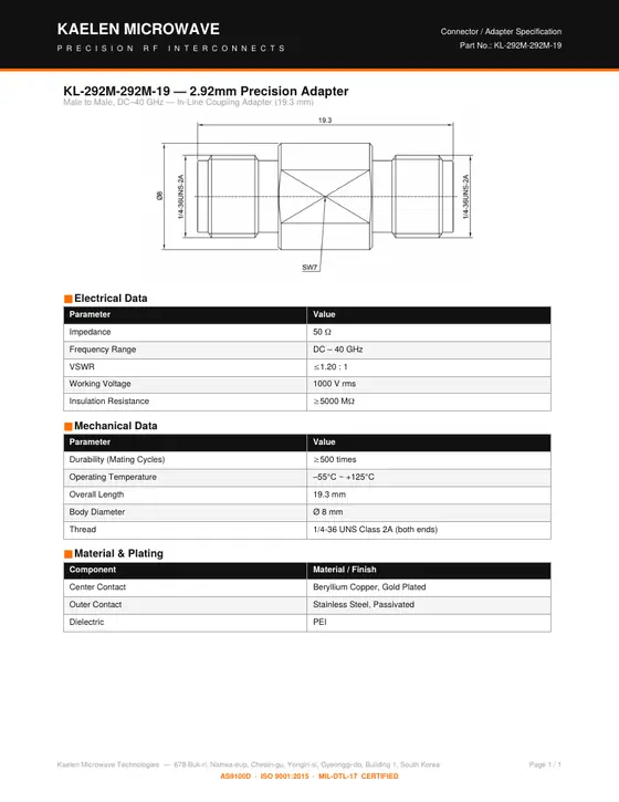 First page of the KL-292M-292M-19 datasheet