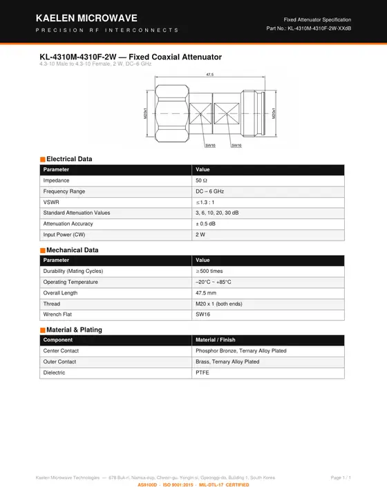 First page of the KL-4310M-4310F-2W-XXdB datasheet