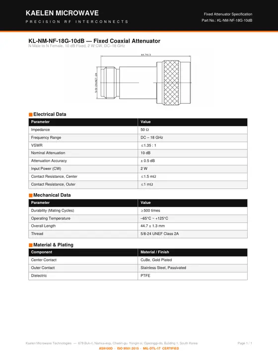 First page of the KL-NM-NF-18G-10dB datasheet